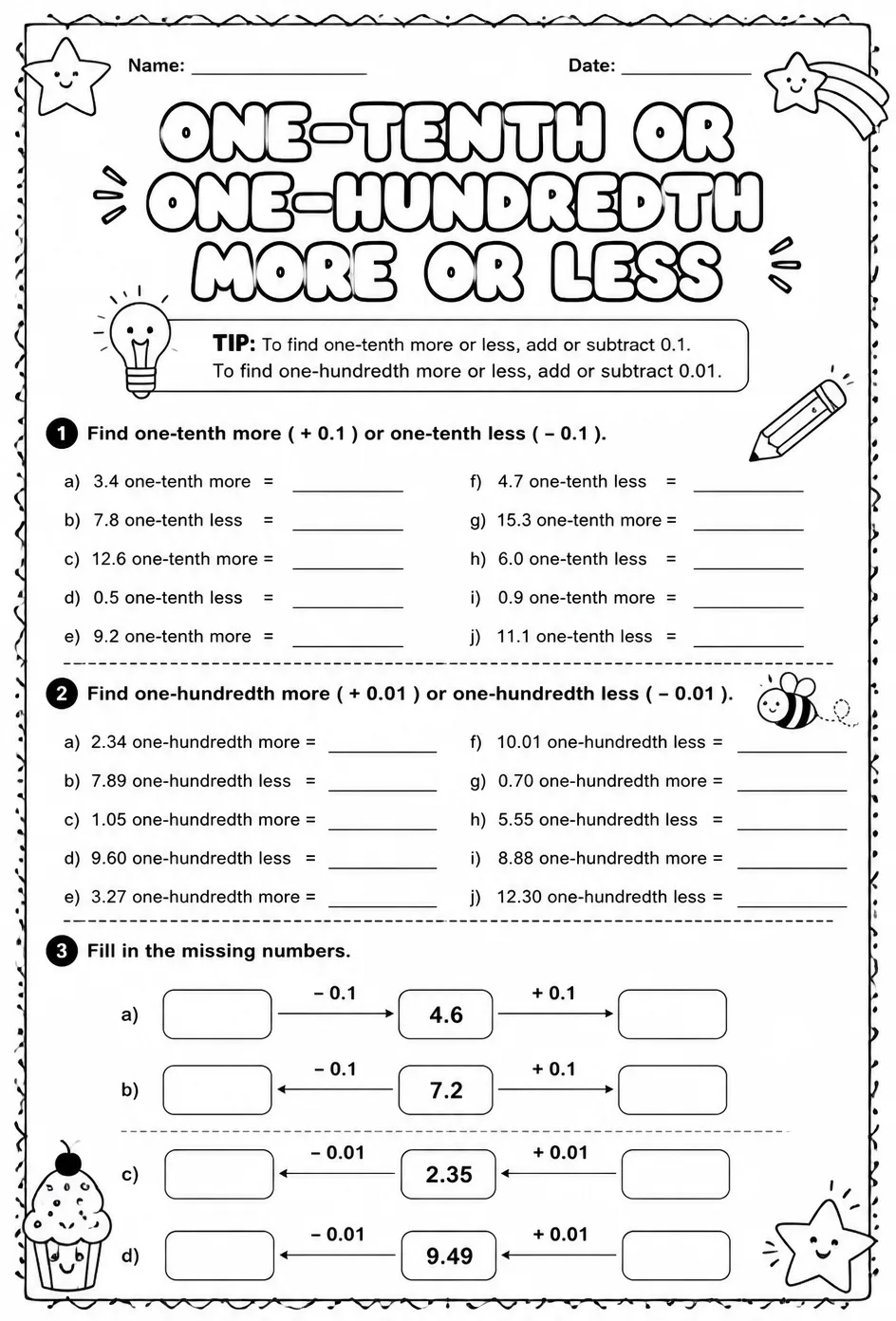 One-tenth or one-hundredth more or less — free printable Grade 4 math worksheet