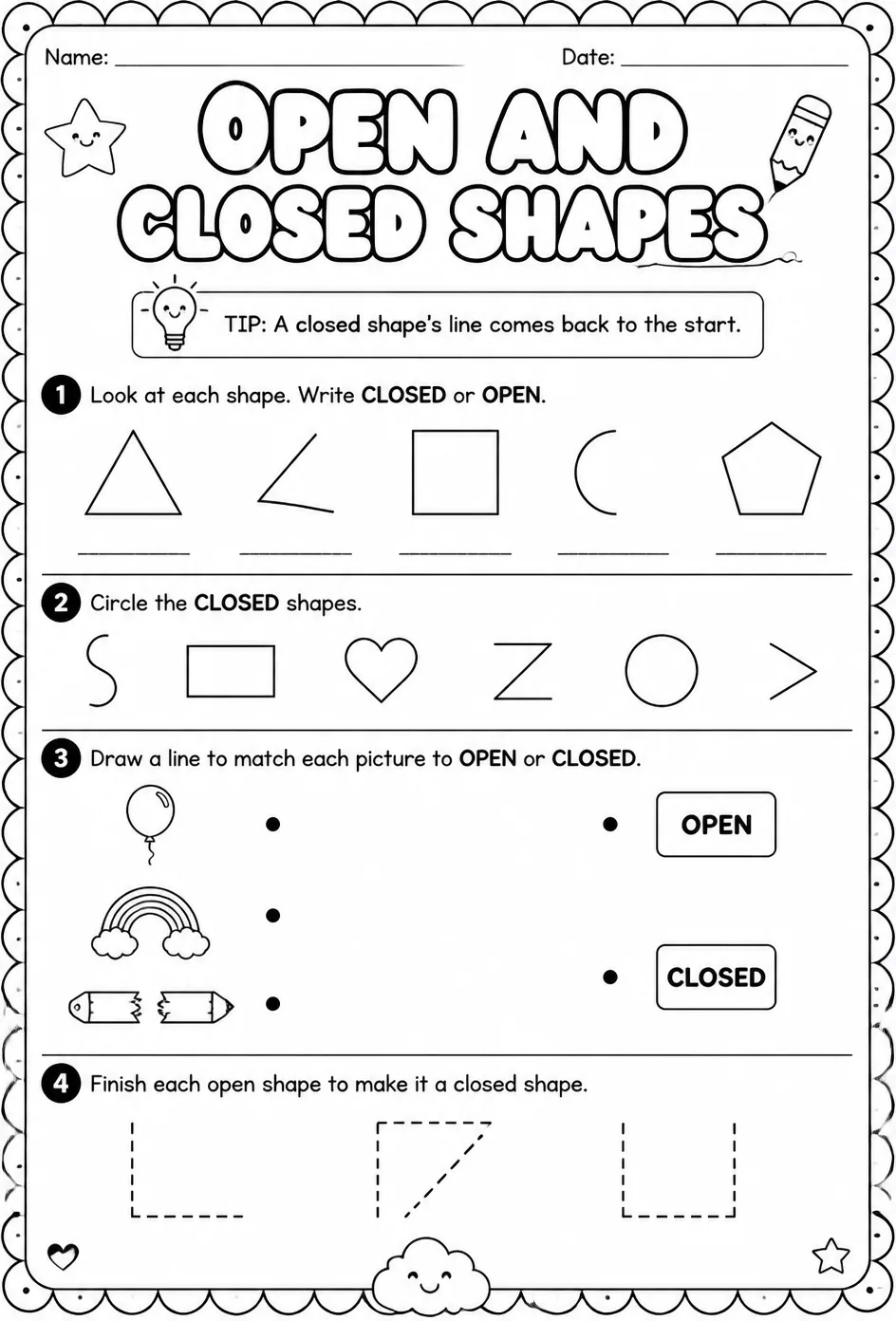 Open and closed shapes — free printable Grade 1 math worksheet