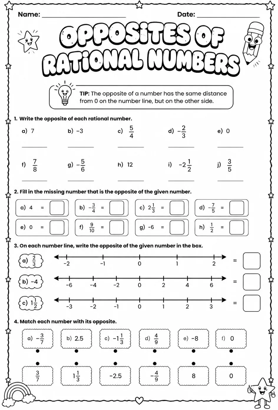 Opposites of rational numbers — free printable Grade 6 math worksheet