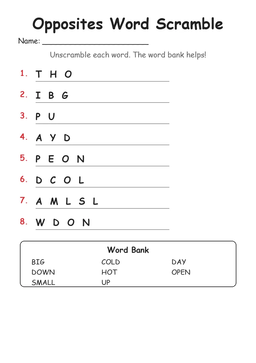 Opposites word scramble worksheet for Grade 1