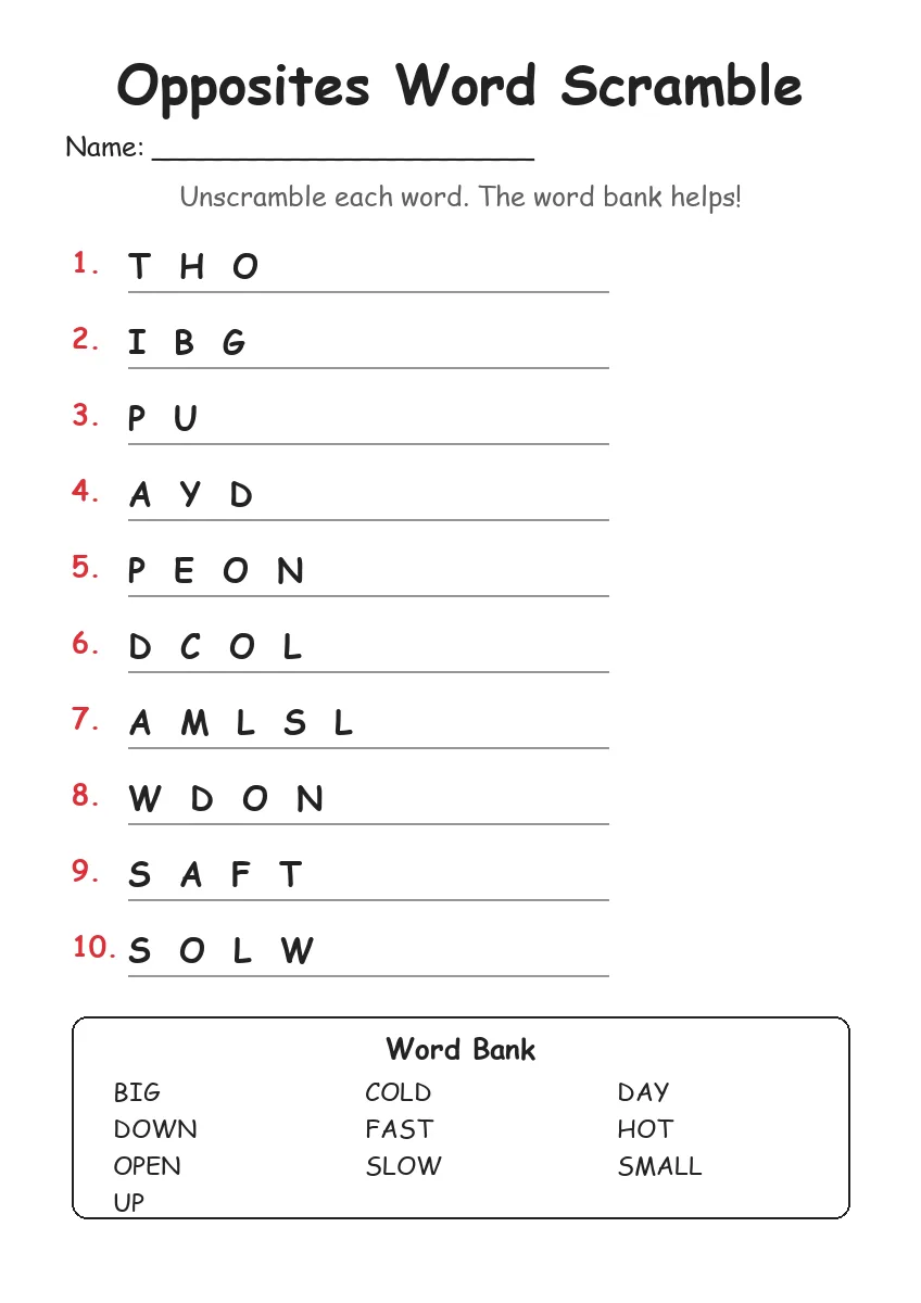 Opposites word scramble worksheet for Grade 2