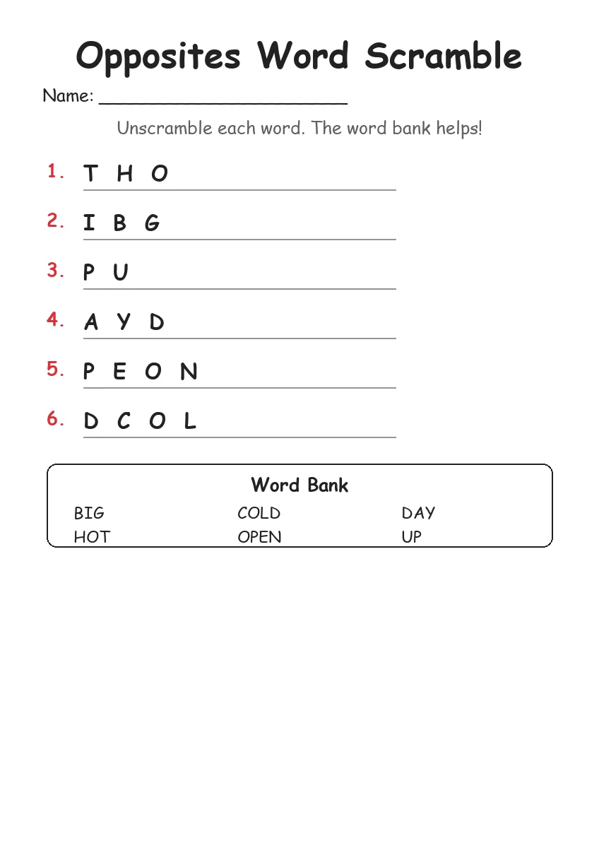 Opposites word scramble worksheet for Kindergarten