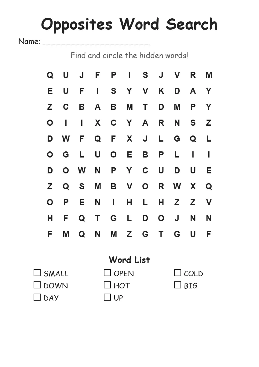 Opposites word search worksheet for Grade 1