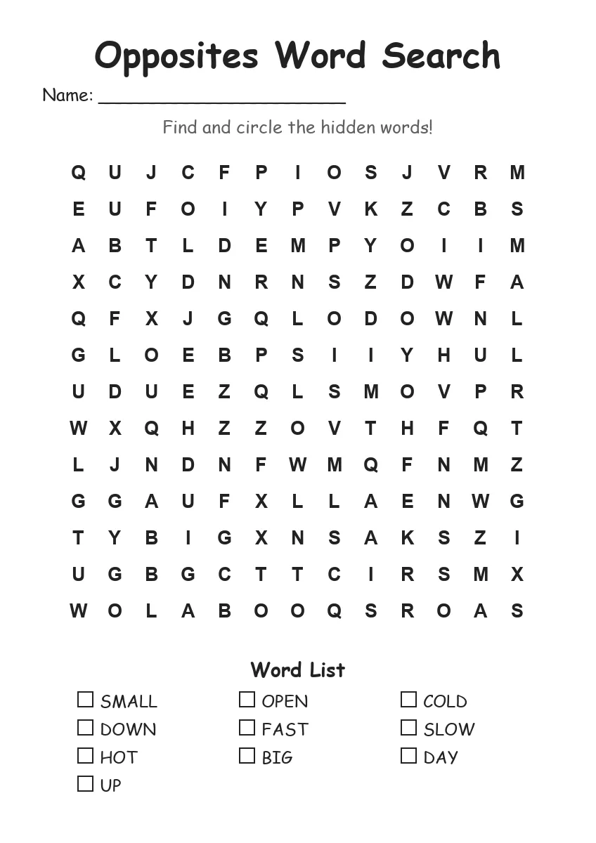 Opposites word search worksheet for Grade 2