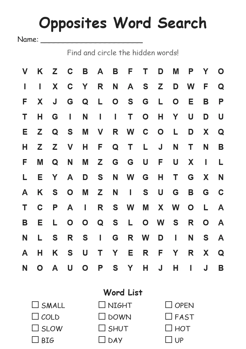 Opposites word search worksheet for Grade 3