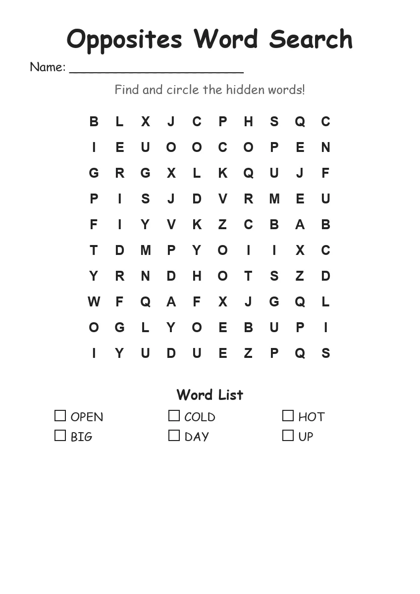 Opposites word search worksheet for Kindergarten