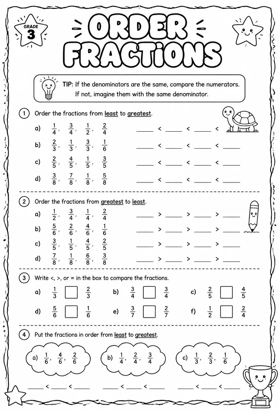 Order fractions — free printable Grade 3 math worksheet