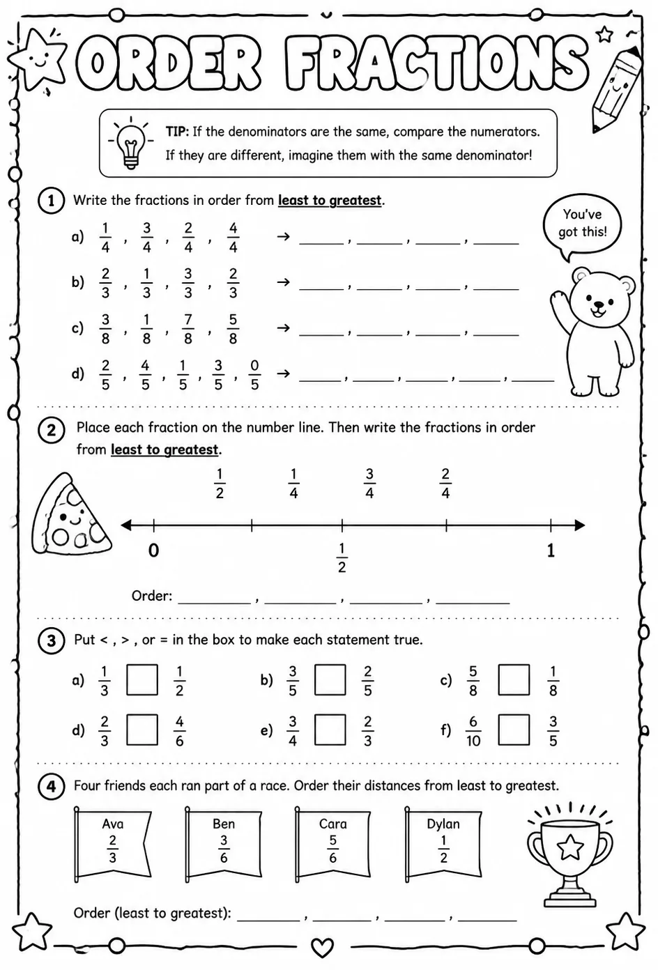 Order fractions — free printable Grade 4 math worksheet
