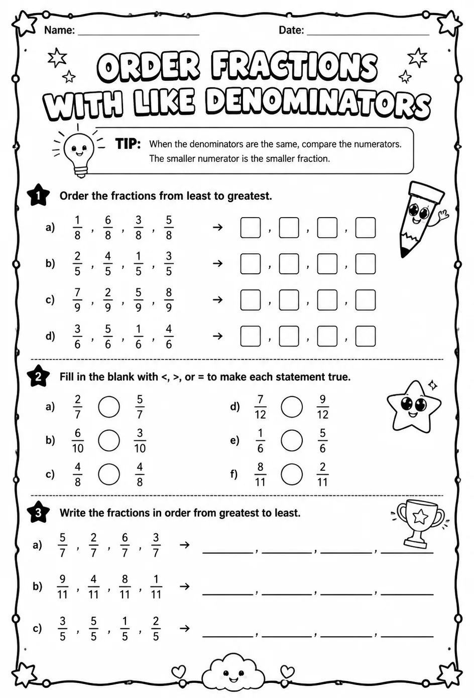 Order fractions with like denominators — free printable Grade 3 math worksheet