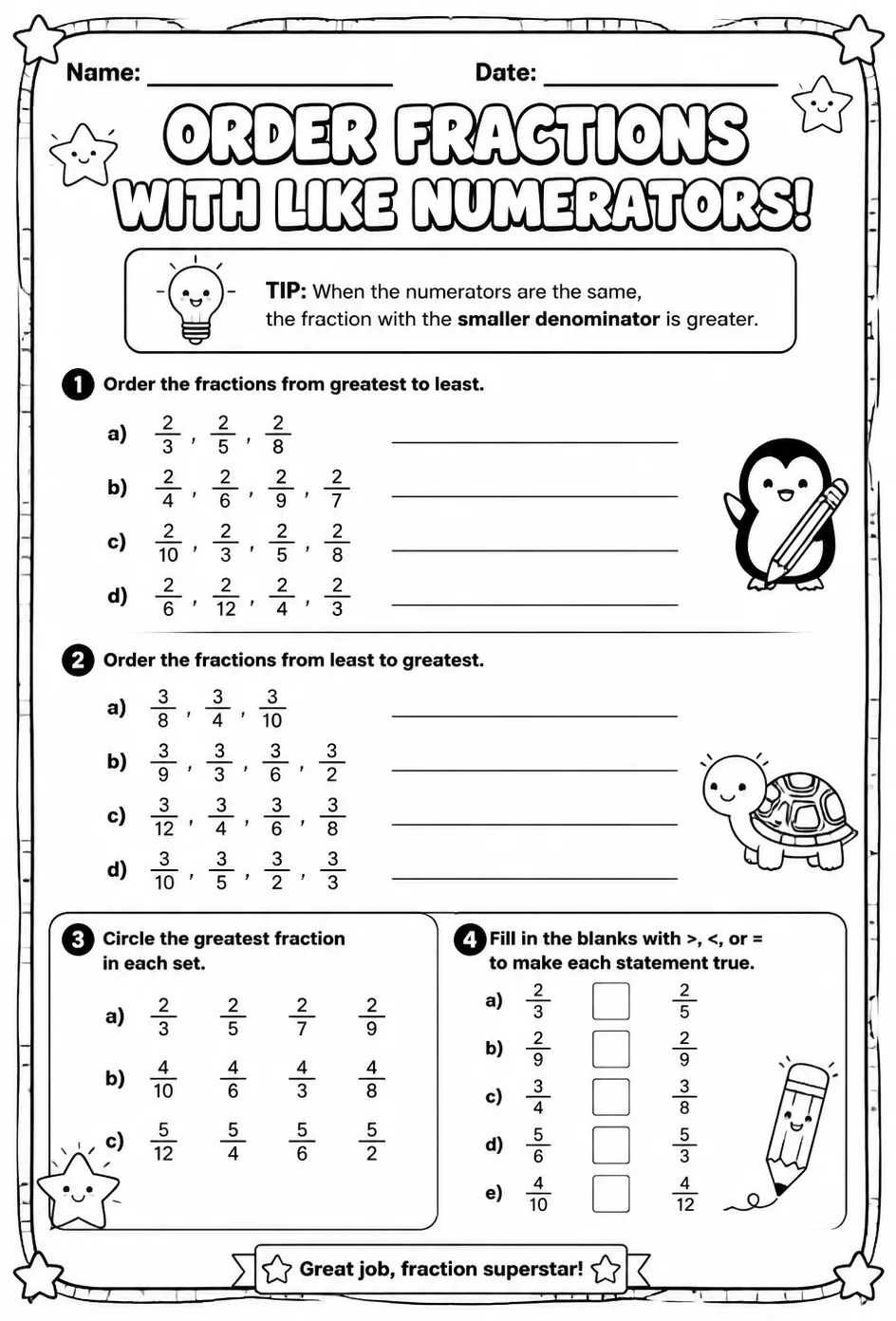 Order fractions with like numerators — free printable Grade 3 math worksheet