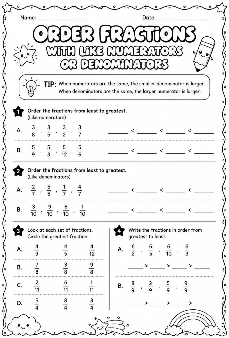 Order fractions with like numerators or denominators — free printable Grade 4 math worksheet