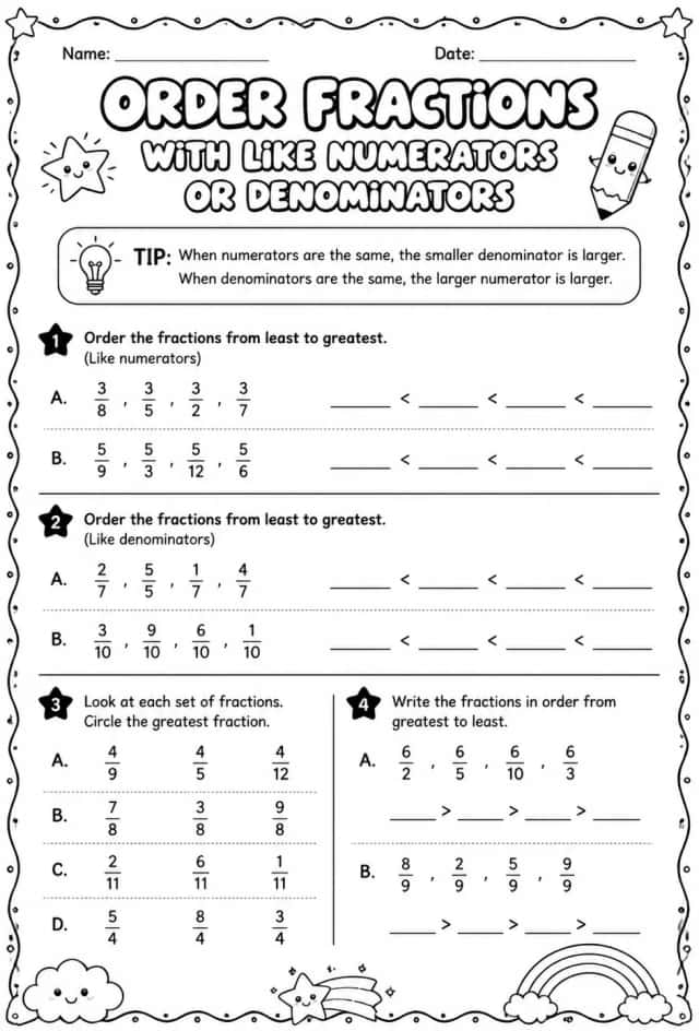 Order fractions with like numerators or denominators