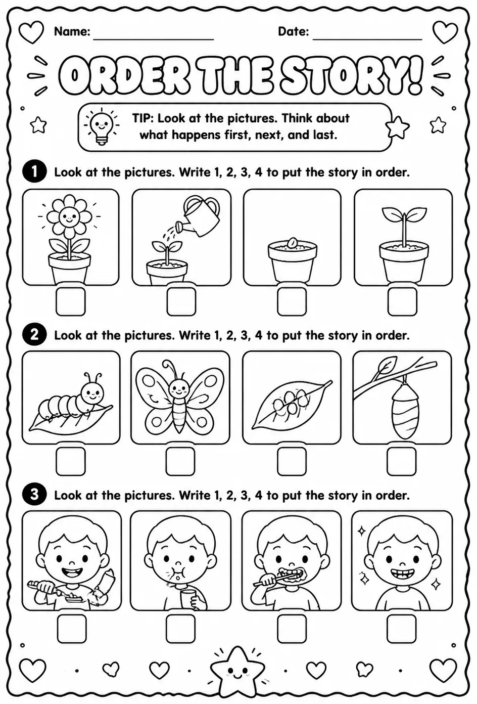 Order images in a story — free printable Kindergarten English & Reading worksheet