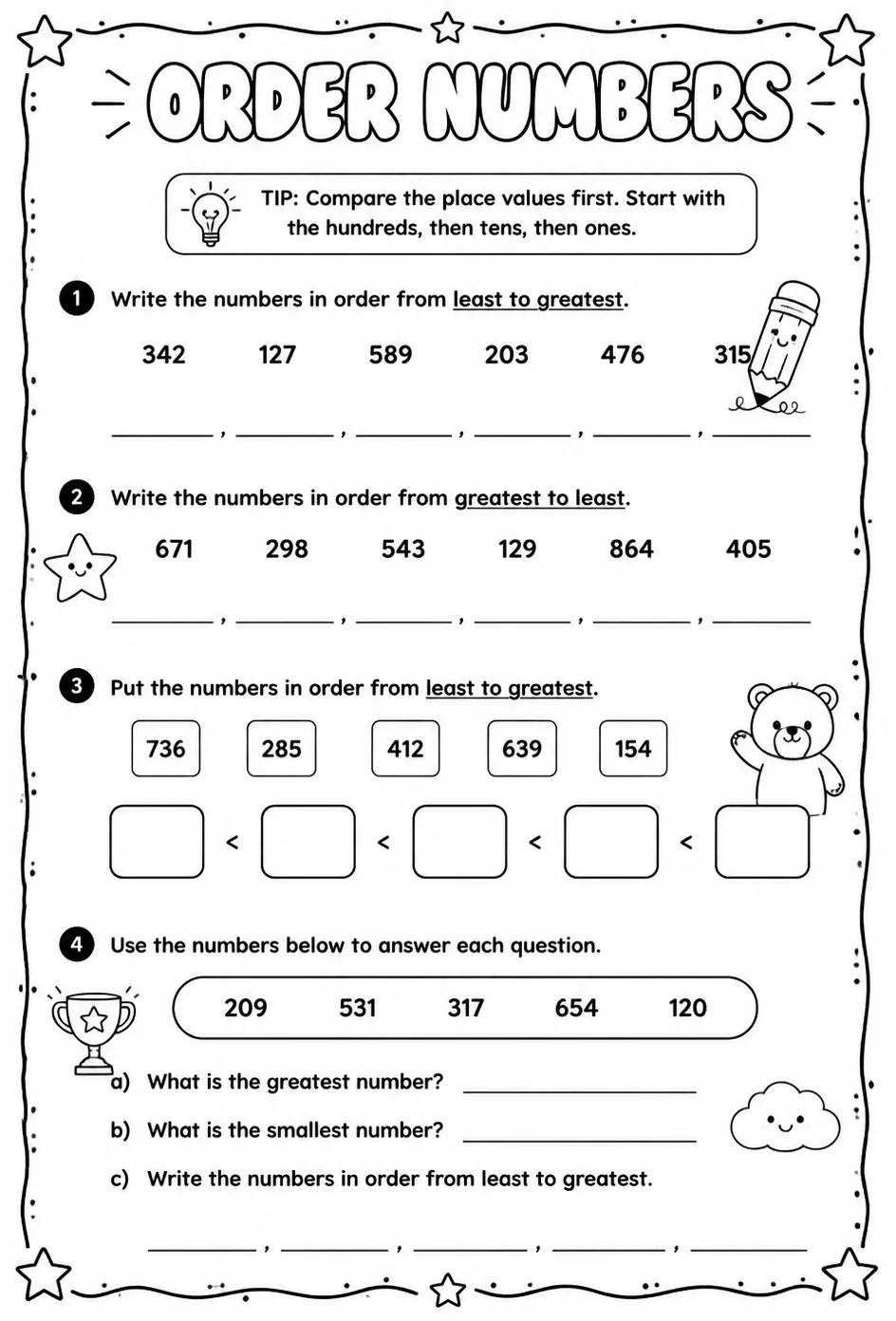 Order numbers — free printable Grade 3 math worksheet