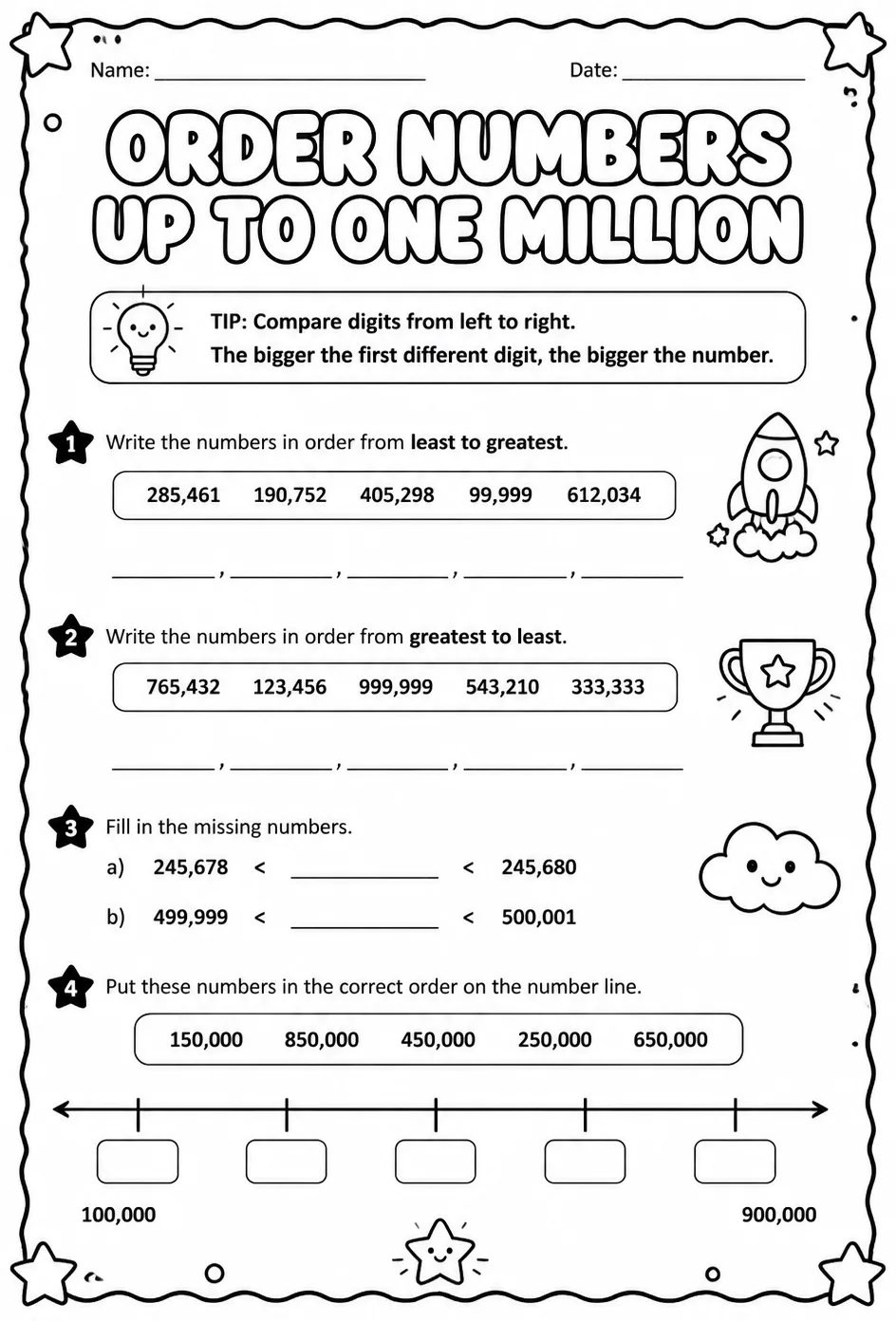 Order numbers up to one million — free printable Grade 4 math worksheet