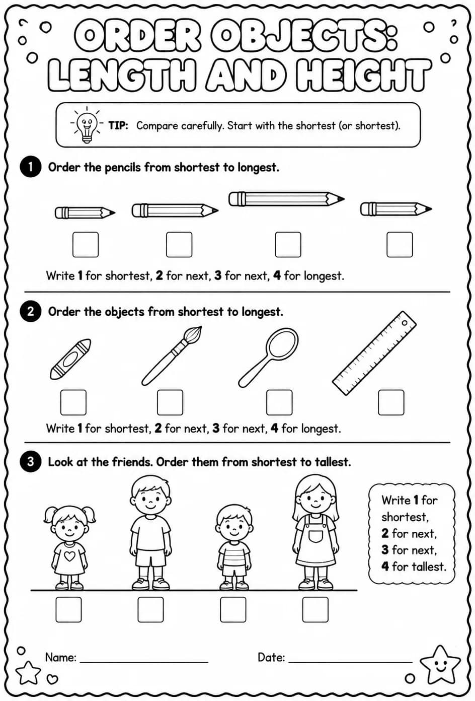 Order objects: length and height — free printable Grade 1 math worksheet
