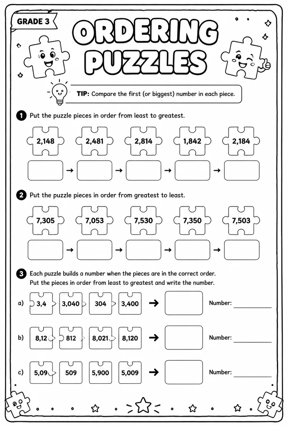 Ordering puzzles — free printable Grade 3 math worksheet