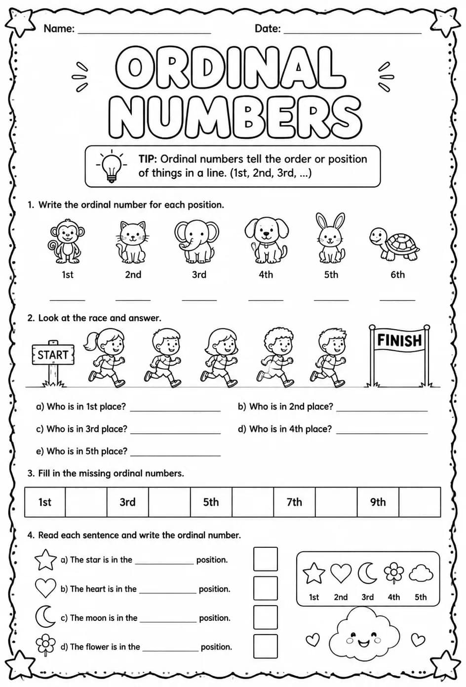 Ordinal numbers — free printable Grade 1 math worksheet
