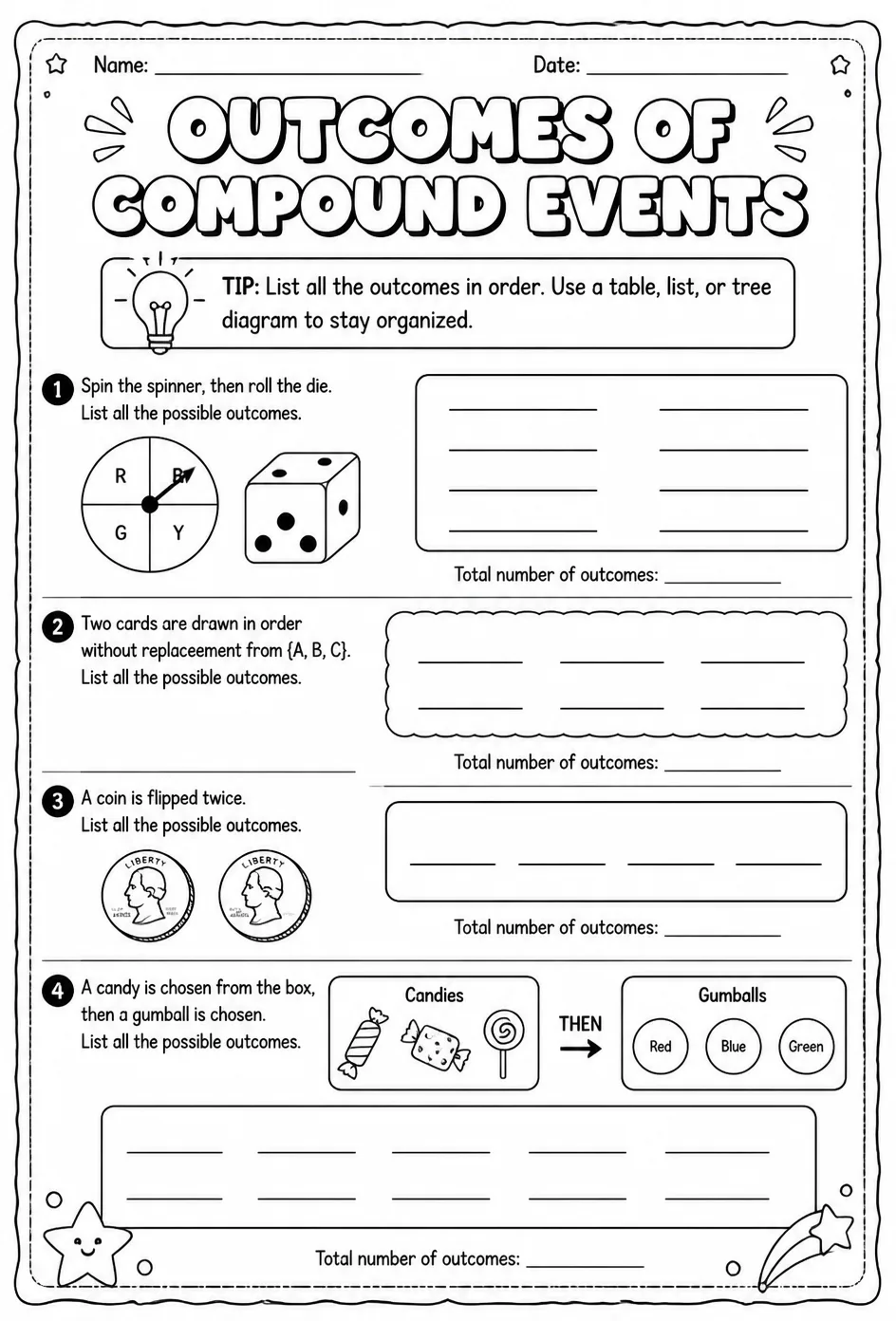 Outcomes of compound events — free printable Algebra 1 math worksheet