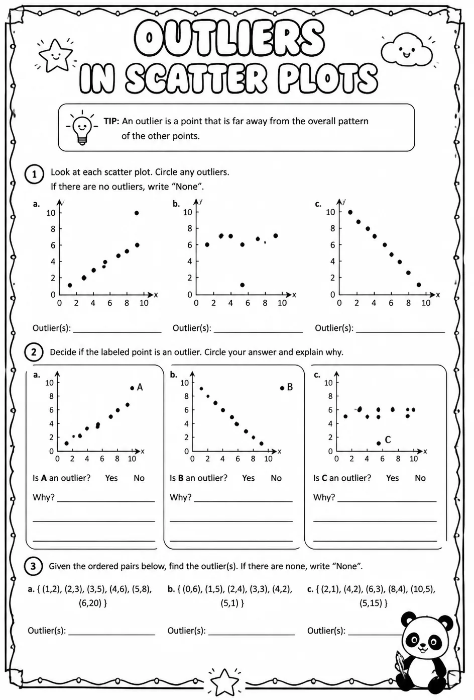 Outliers in scatter plots — free printable Algebra 1 math worksheet