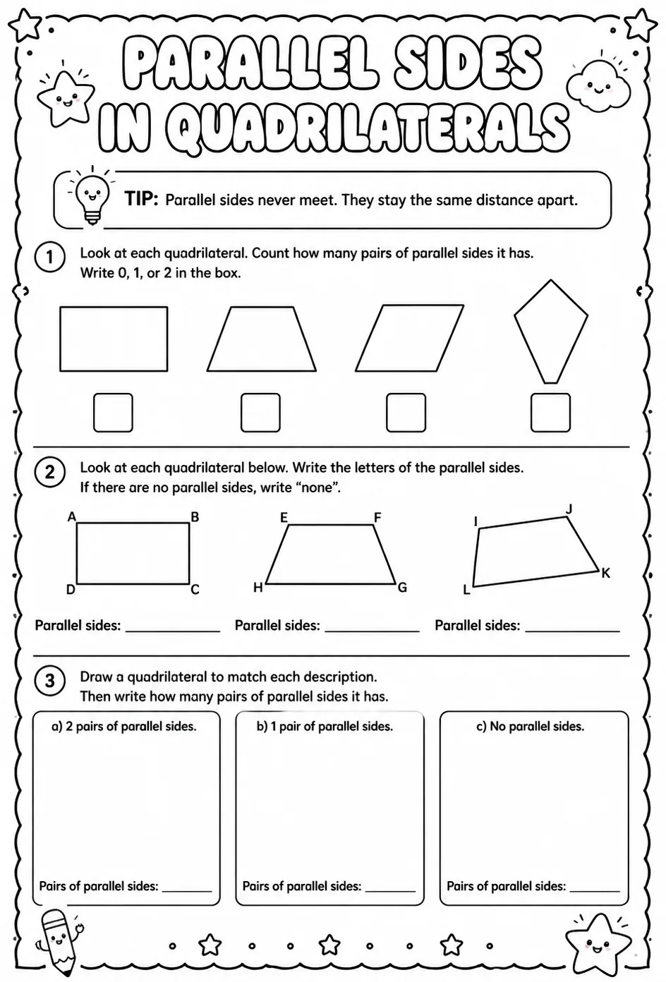 Parallel sides in quadrilaterals — free printable Grade 3 math worksheet