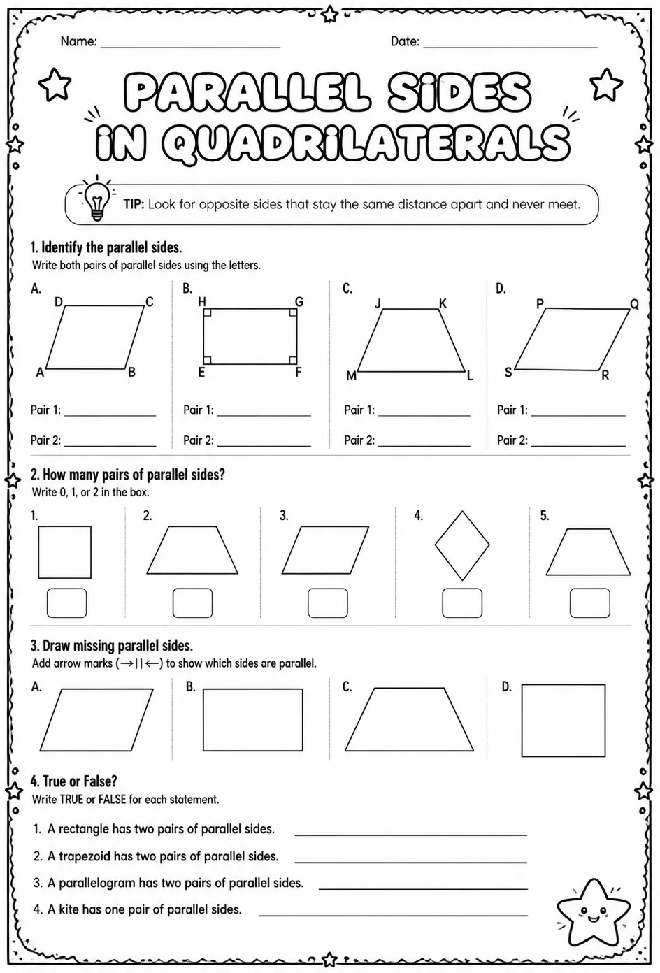 Parallel sides in quadrilaterals — free printable Grade 4 math worksheet