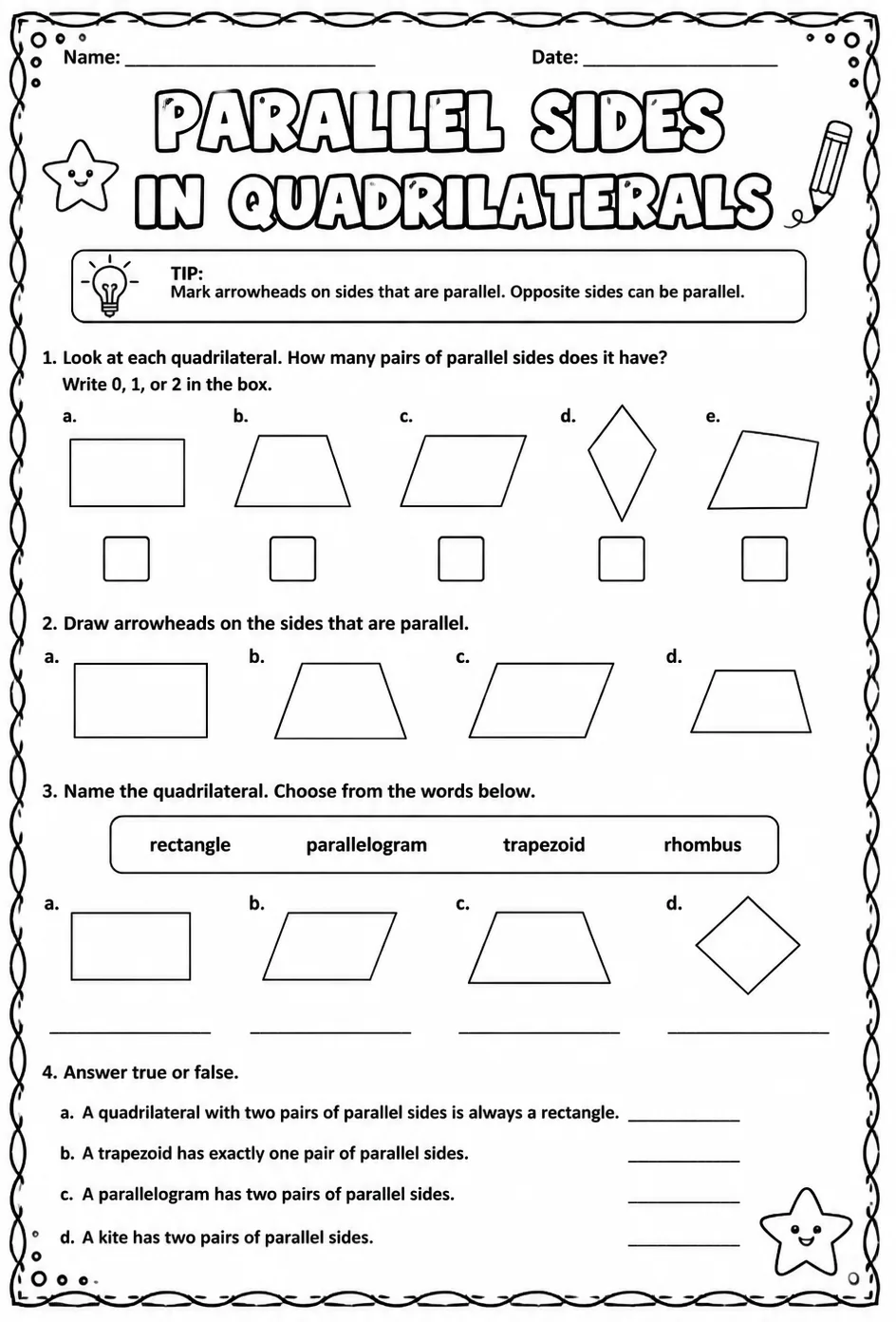 Parallel sides in quadrilaterals — free printable Grade 5 math worksheet