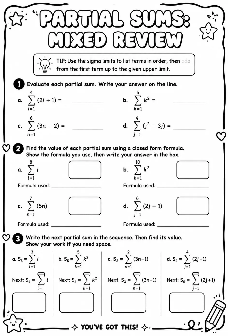 Partial sums: mixed review — free printable Algebra 2 math worksheet