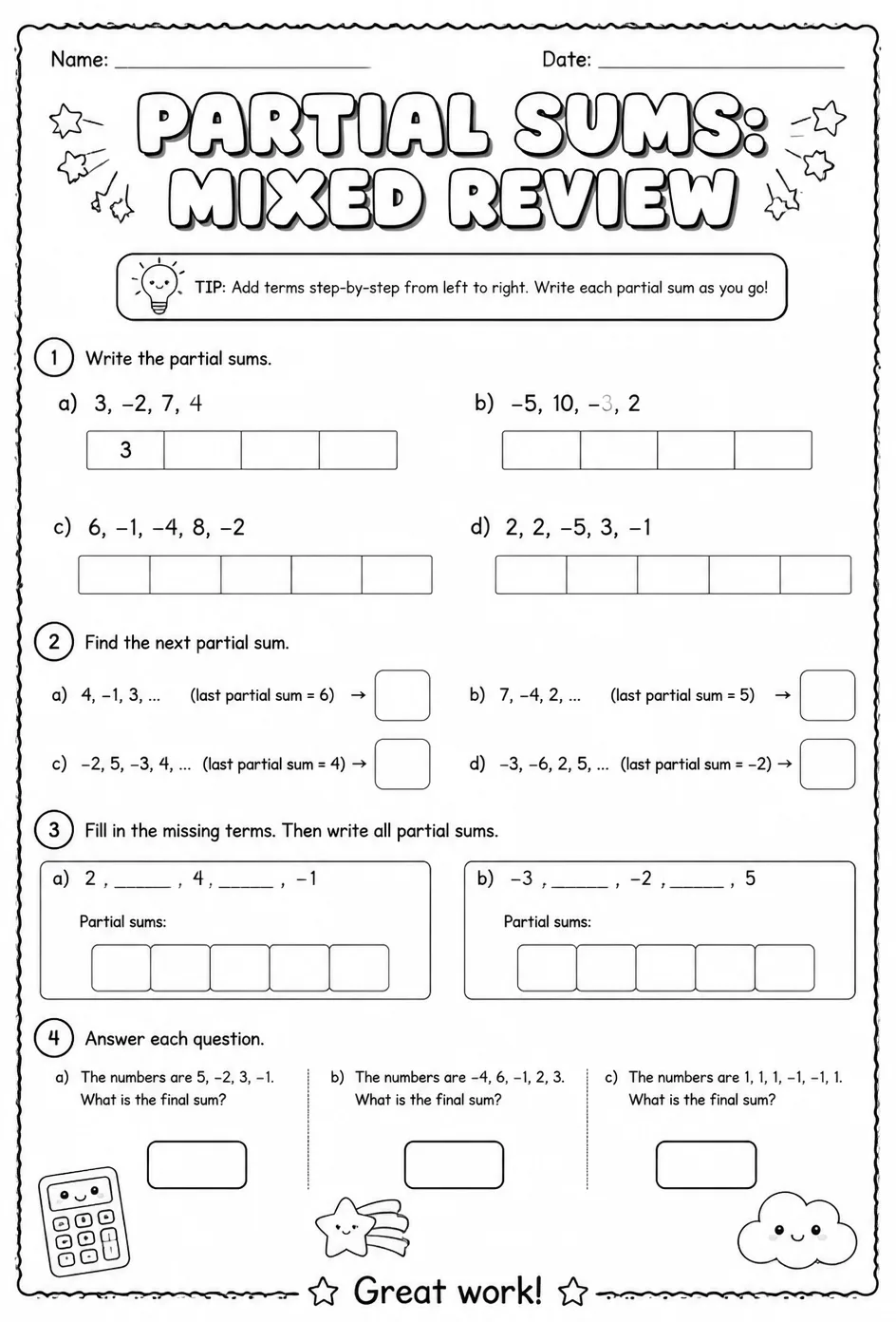 Partial sums: mixed review — free printable Precalculus math worksheet