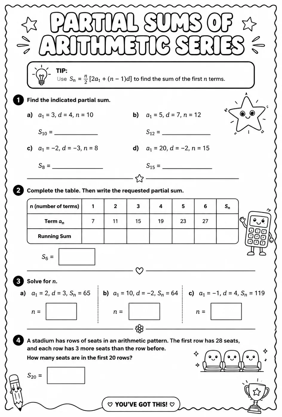 Partial sums of arithmetic series — free printable Algebra 2 math worksheet