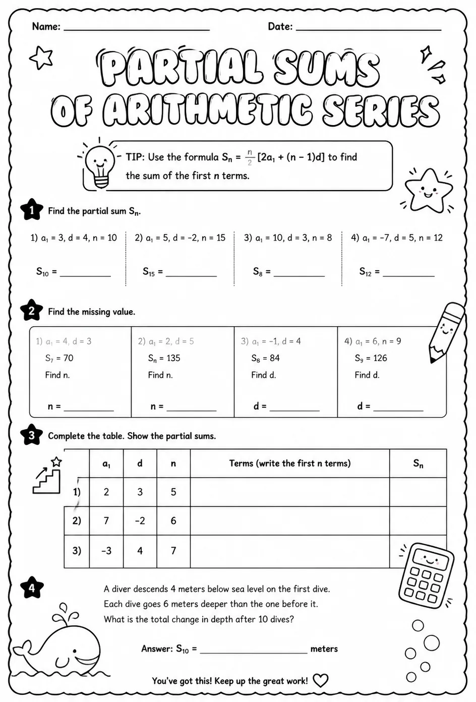 Partial sums of arithmetic series — free printable Precalculus math worksheet