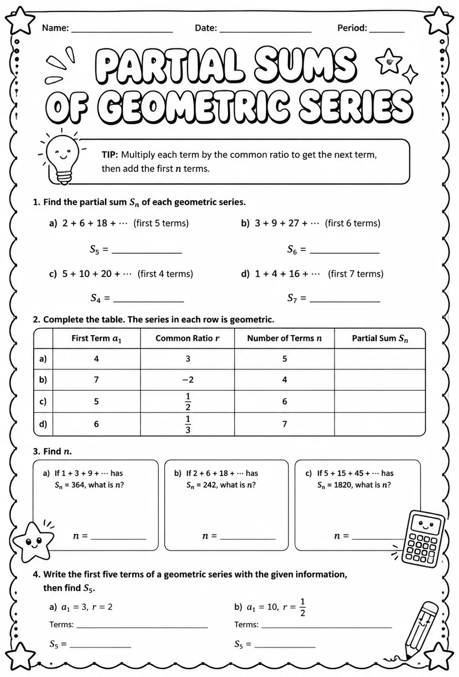 Partial sums of geometric series — free printable Algebra 2 math worksheet