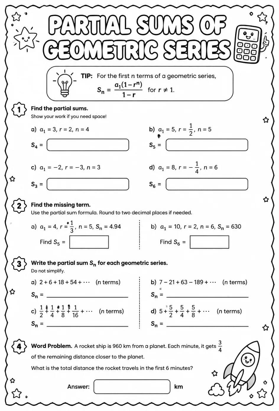 Partial sums of geometric series — free printable Precalculus math worksheet