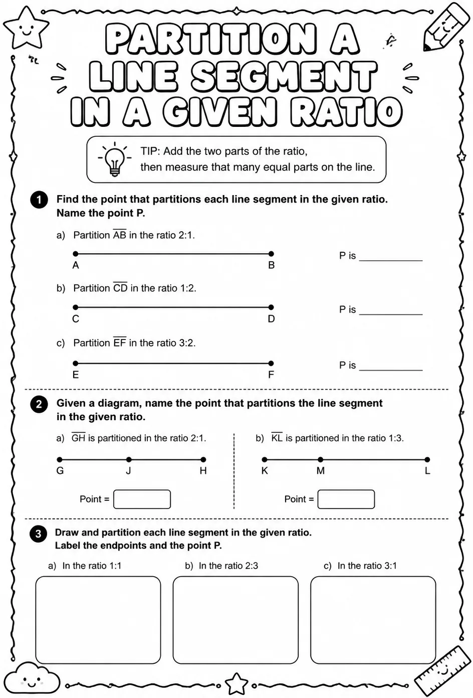 Partition a line segment in a given ratio — free printable Geometry math worksheet