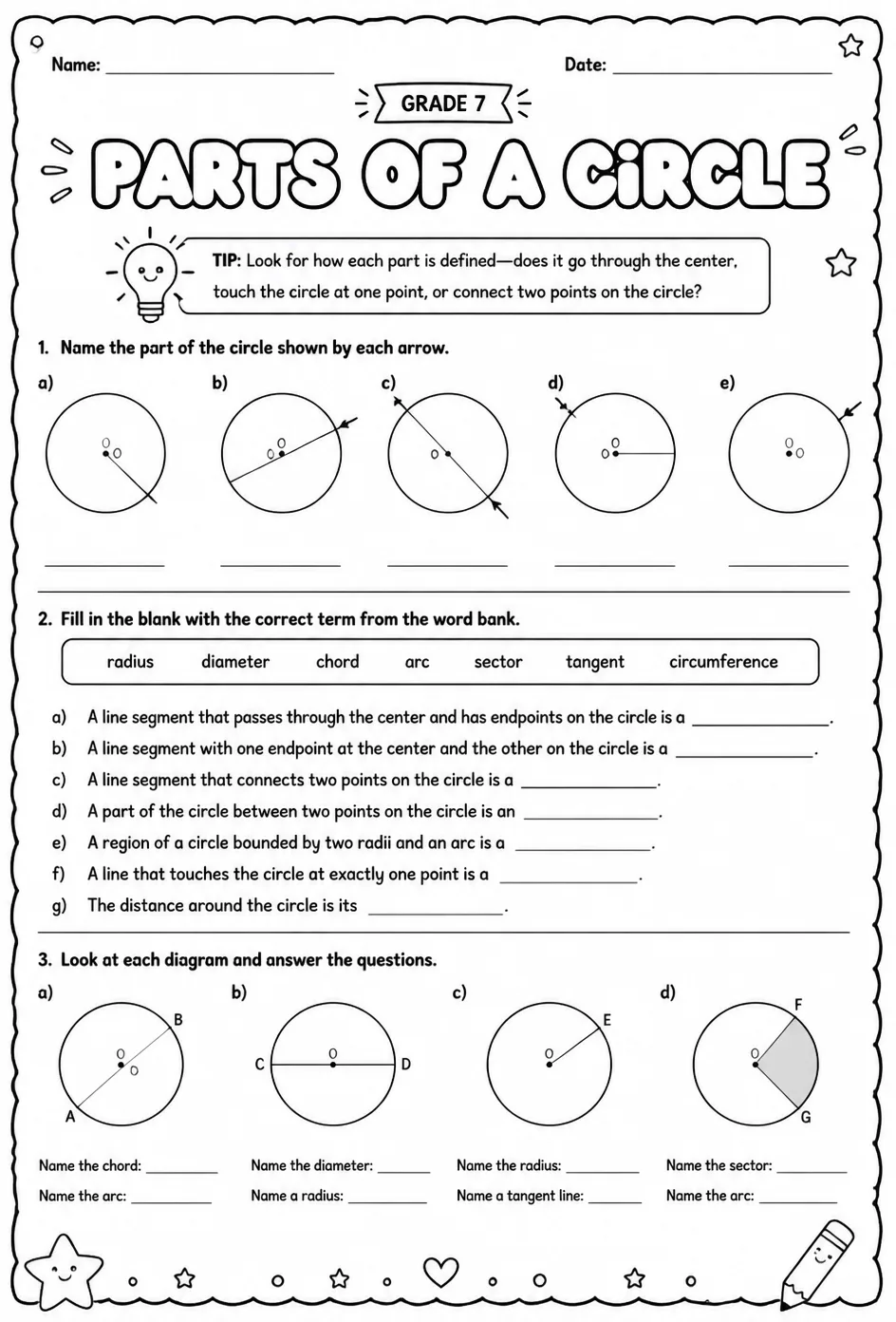 Parts of a circle — free printable Grade 7 math worksheet