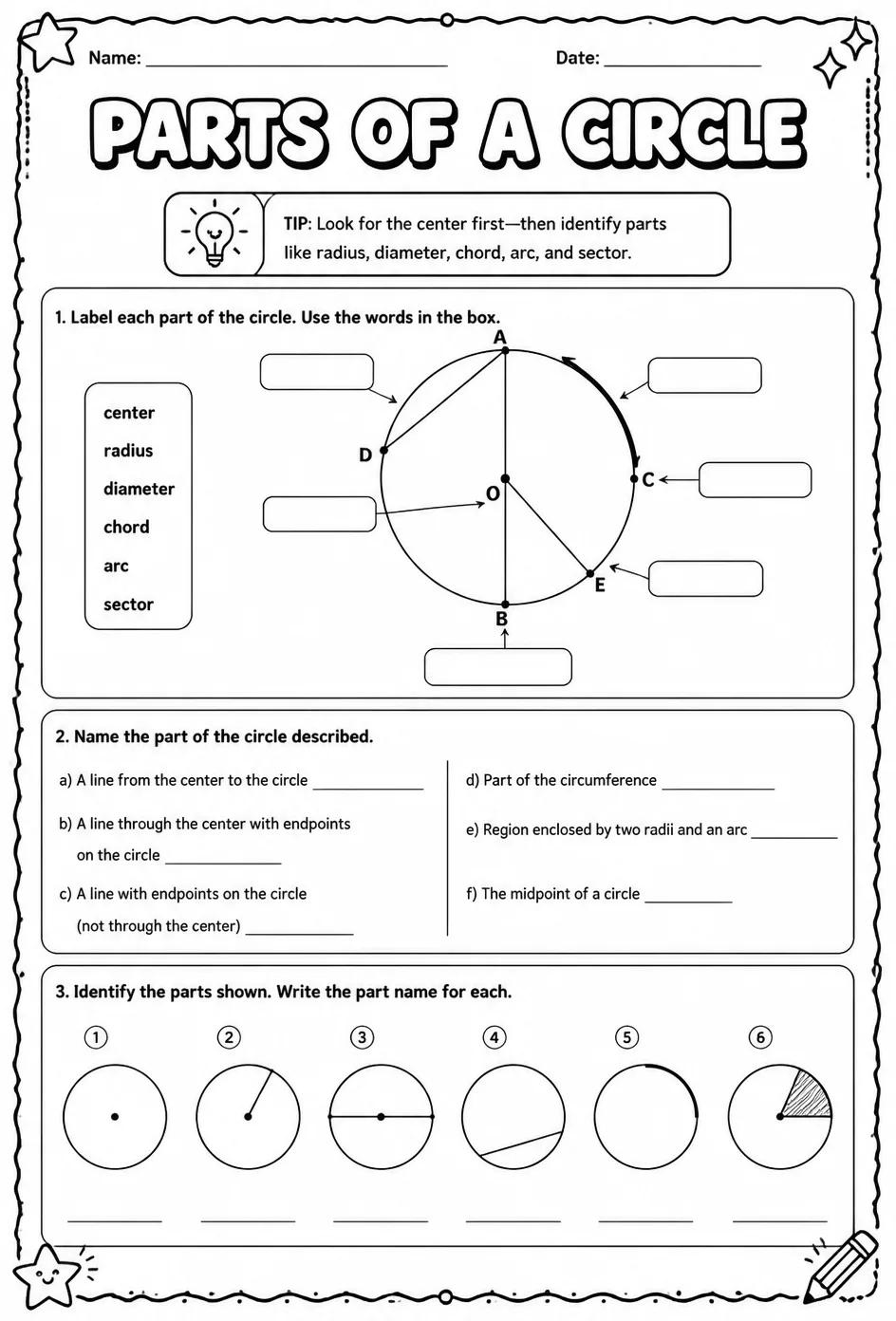 Parts of a circle — free printable Grade 8 math worksheet