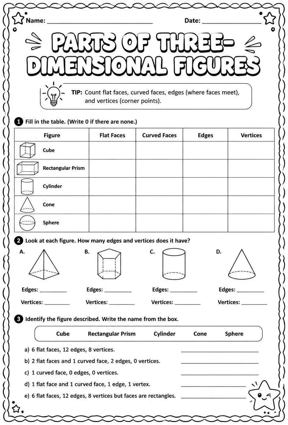 Parts of three-dimensional figures — free printable Grade 8 math worksheet