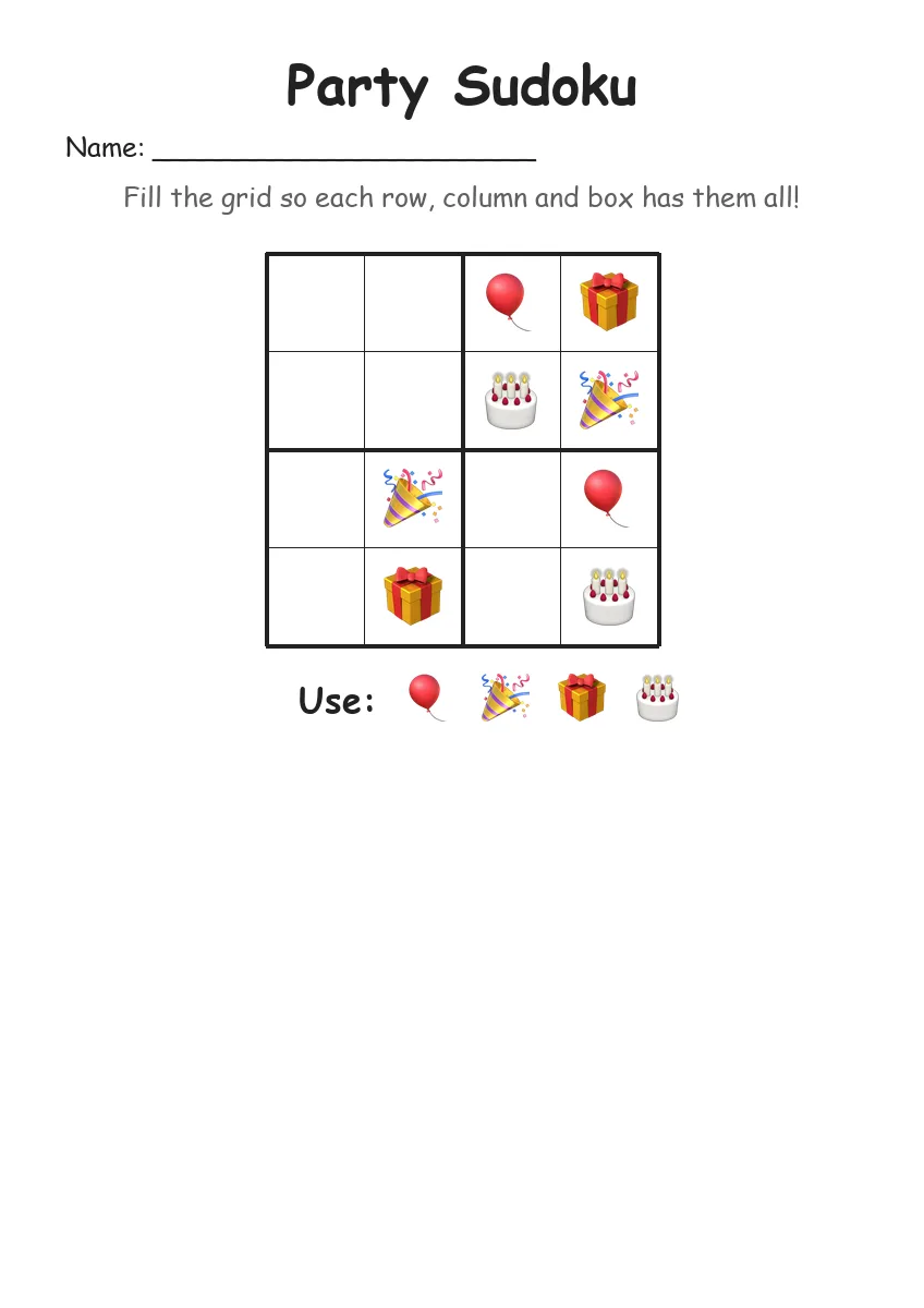 Party Sudoku 4x4 (Kindergarten) worksheet for Kindergarten