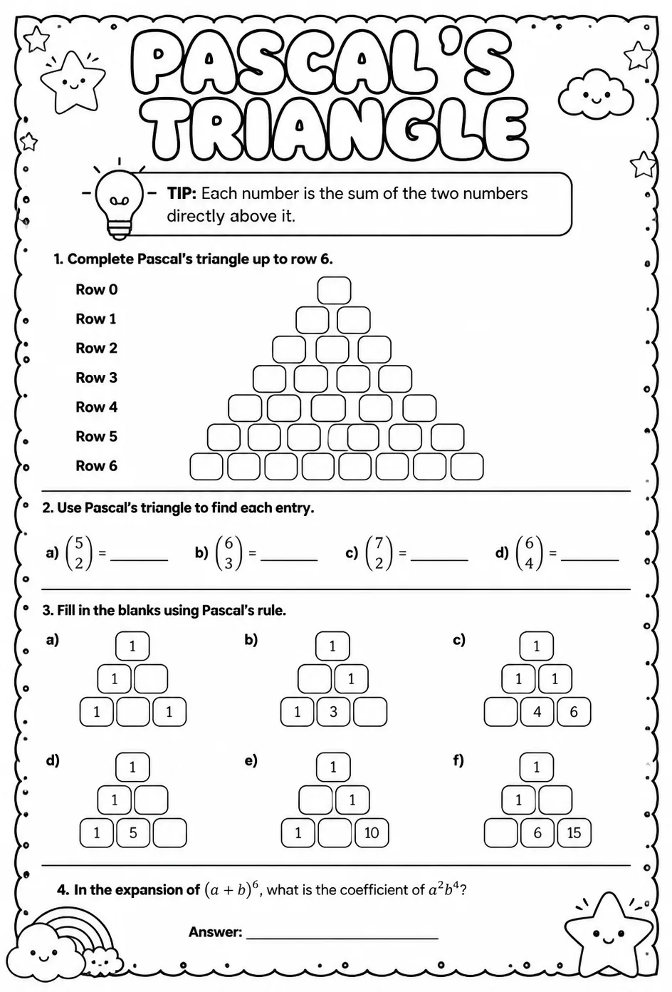 Pascal's triangle — free printable Algebra 2 math worksheet