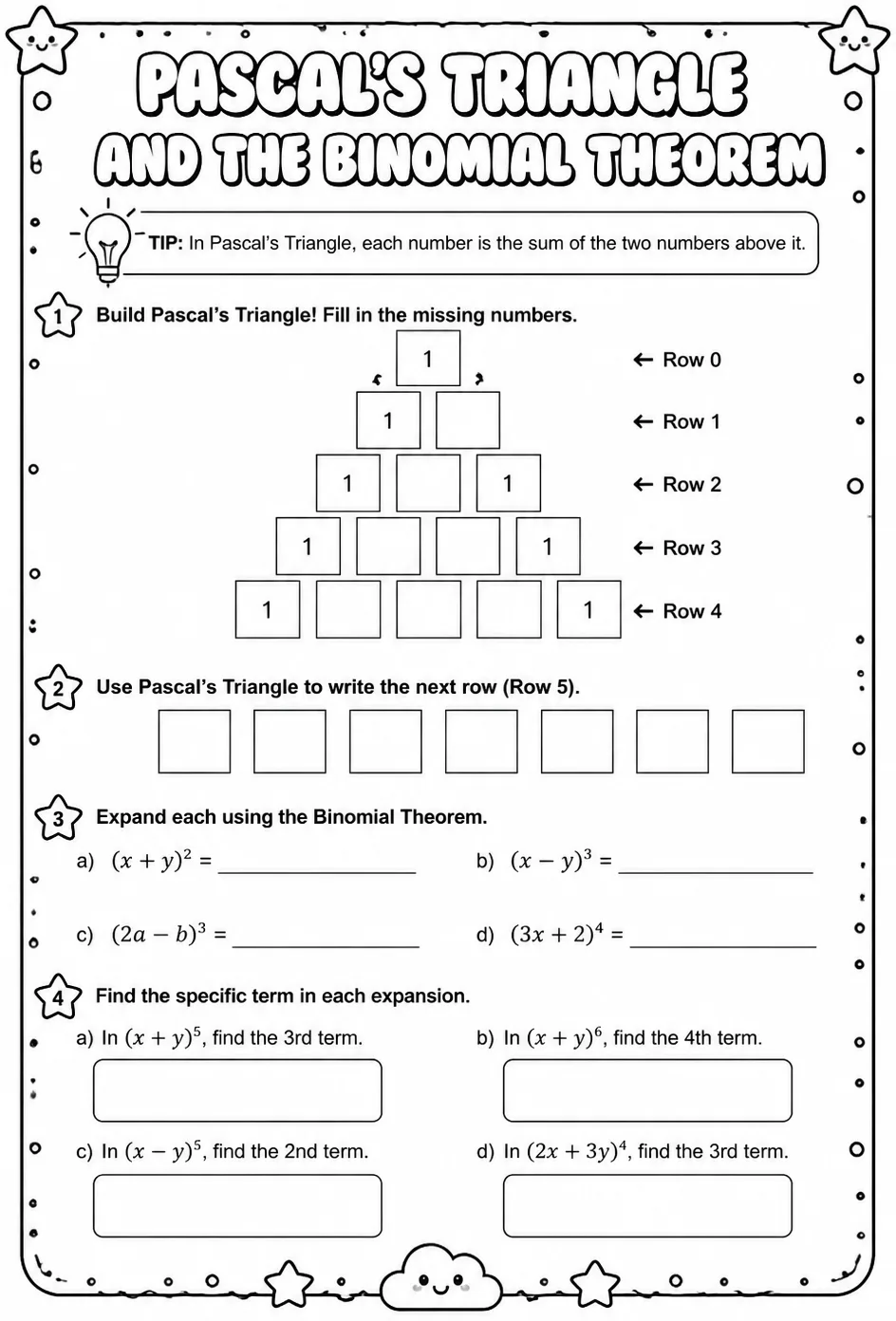 Pascal's triangle and the Binomial Theorem — free printable Algebra 2 math worksheet