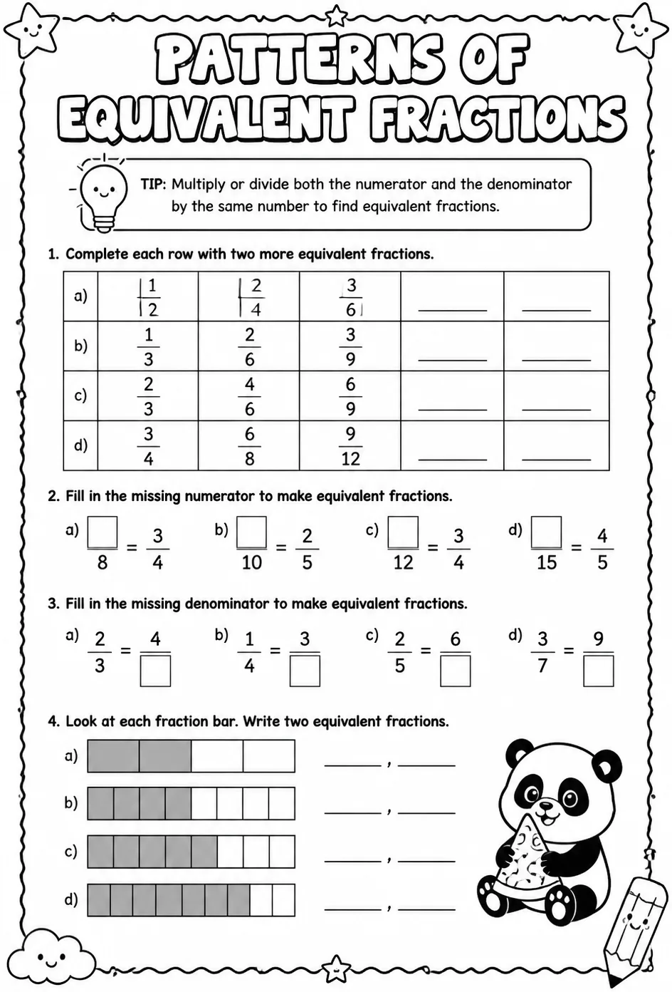Patterns of equivalent fractions — free printable Grade 4 math worksheet