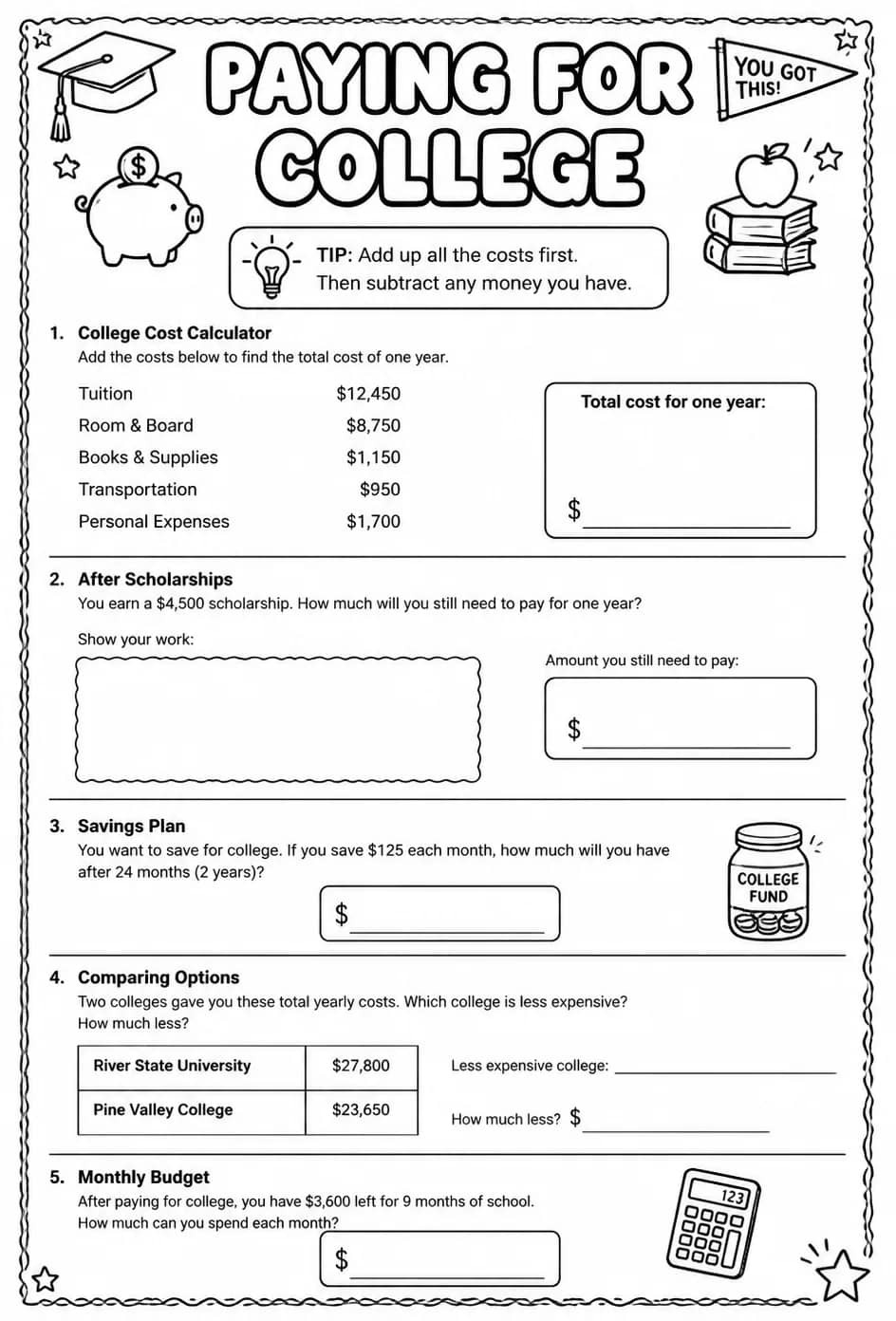 Paying for college — free printable Grade 6 math worksheet
