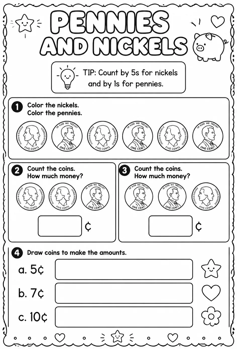 Pennies and nickels — free printable Pre-K math worksheet