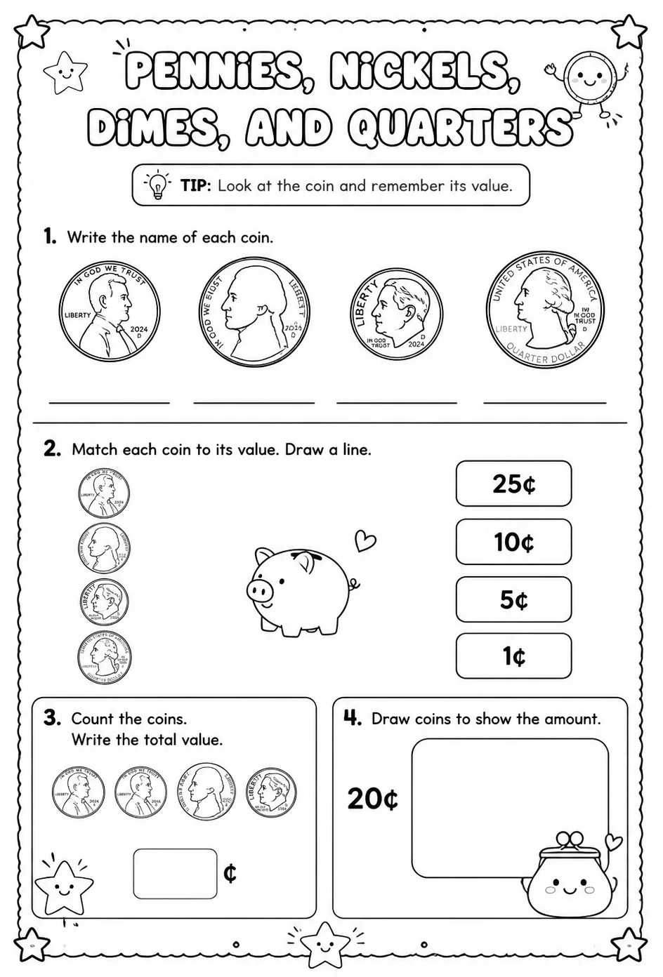 Pennies, nickels, dimes, and quarters — free printable Pre-K math worksheet