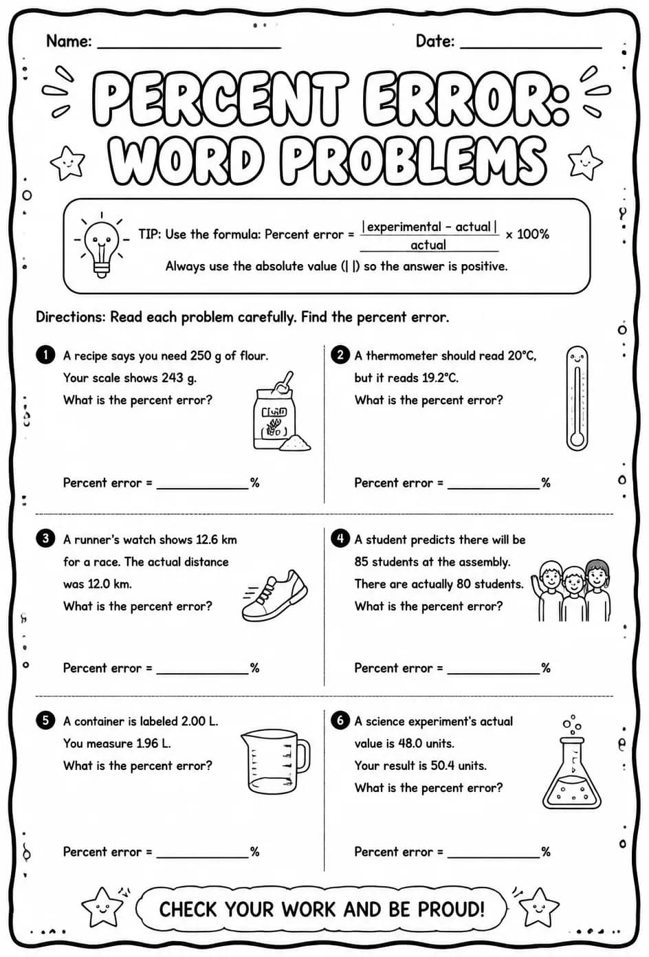 Percent error: word problems — free printable Grade 7 math worksheet