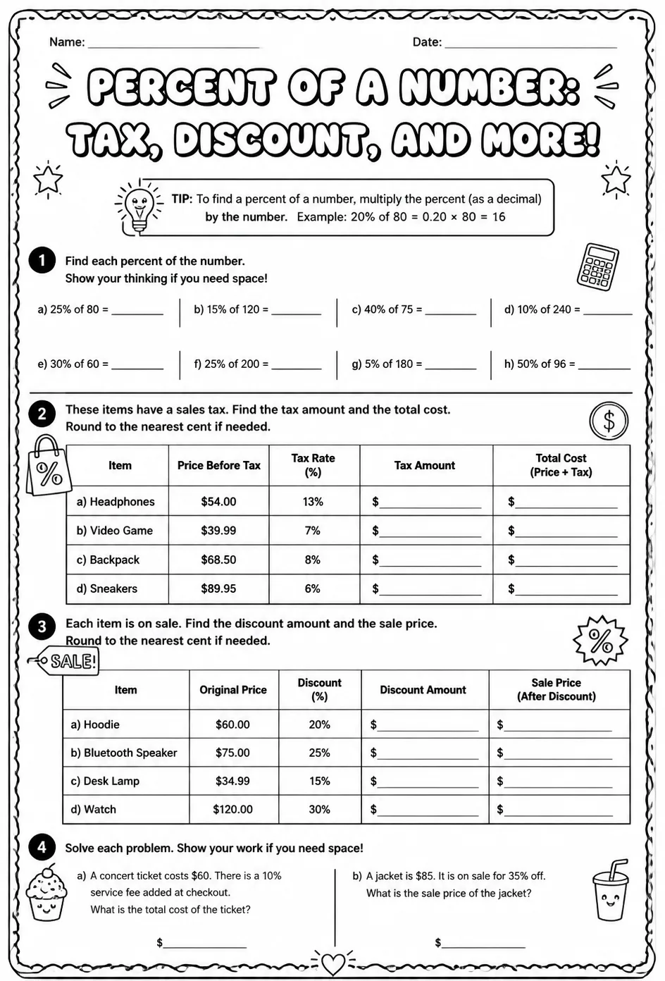 Percent of a number: tax, discount, and more — free printable Grade 7 math worksheet