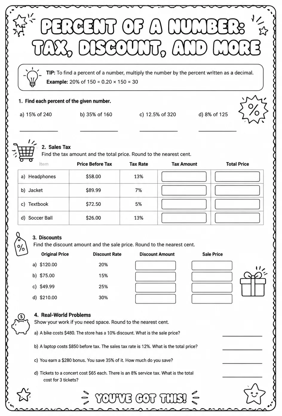 Percent of a number: tax, discount, and more — free printable Grade 8 math worksheet