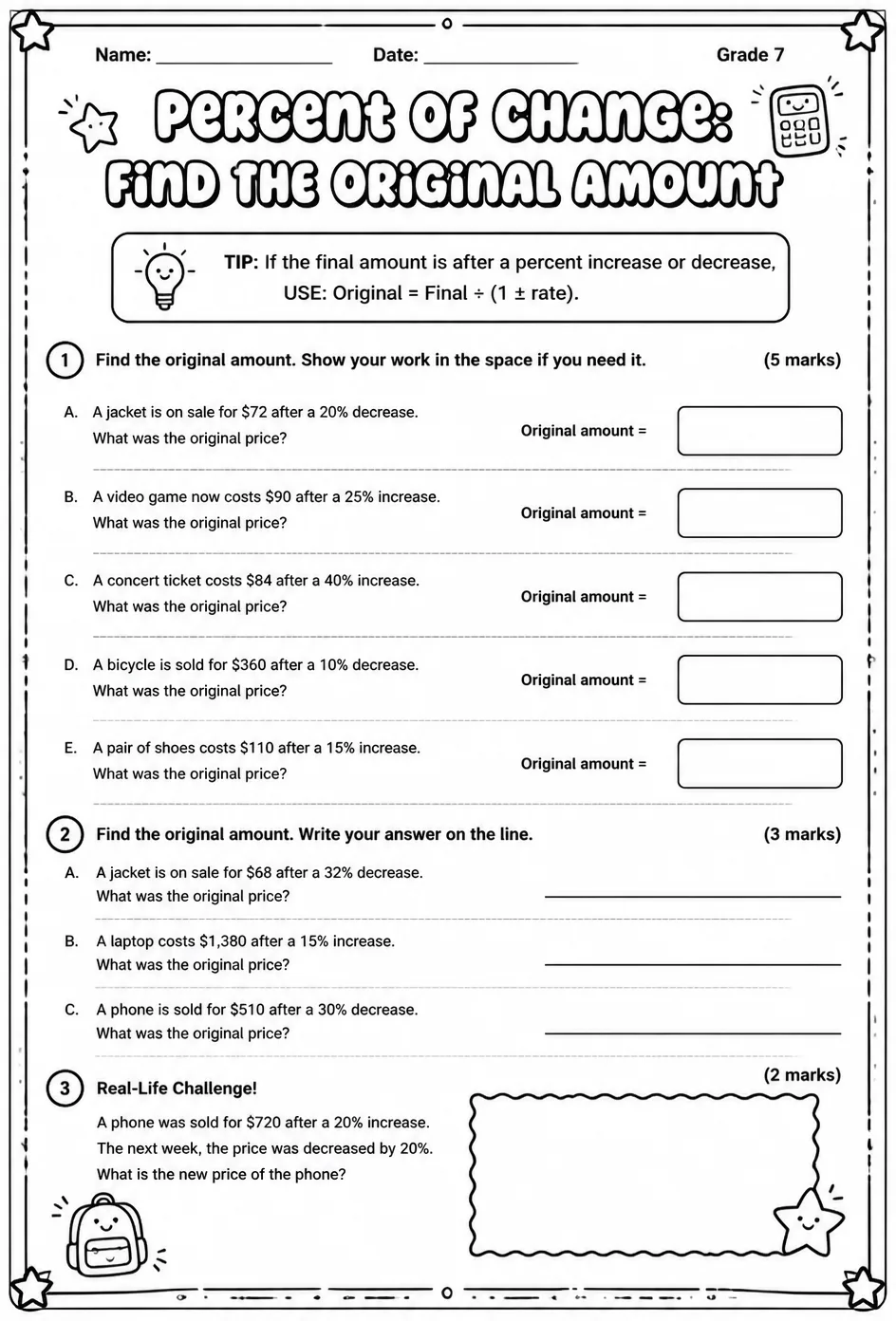 Percent of change: find the original amount word problems — free printable Grade 7 math worksheet