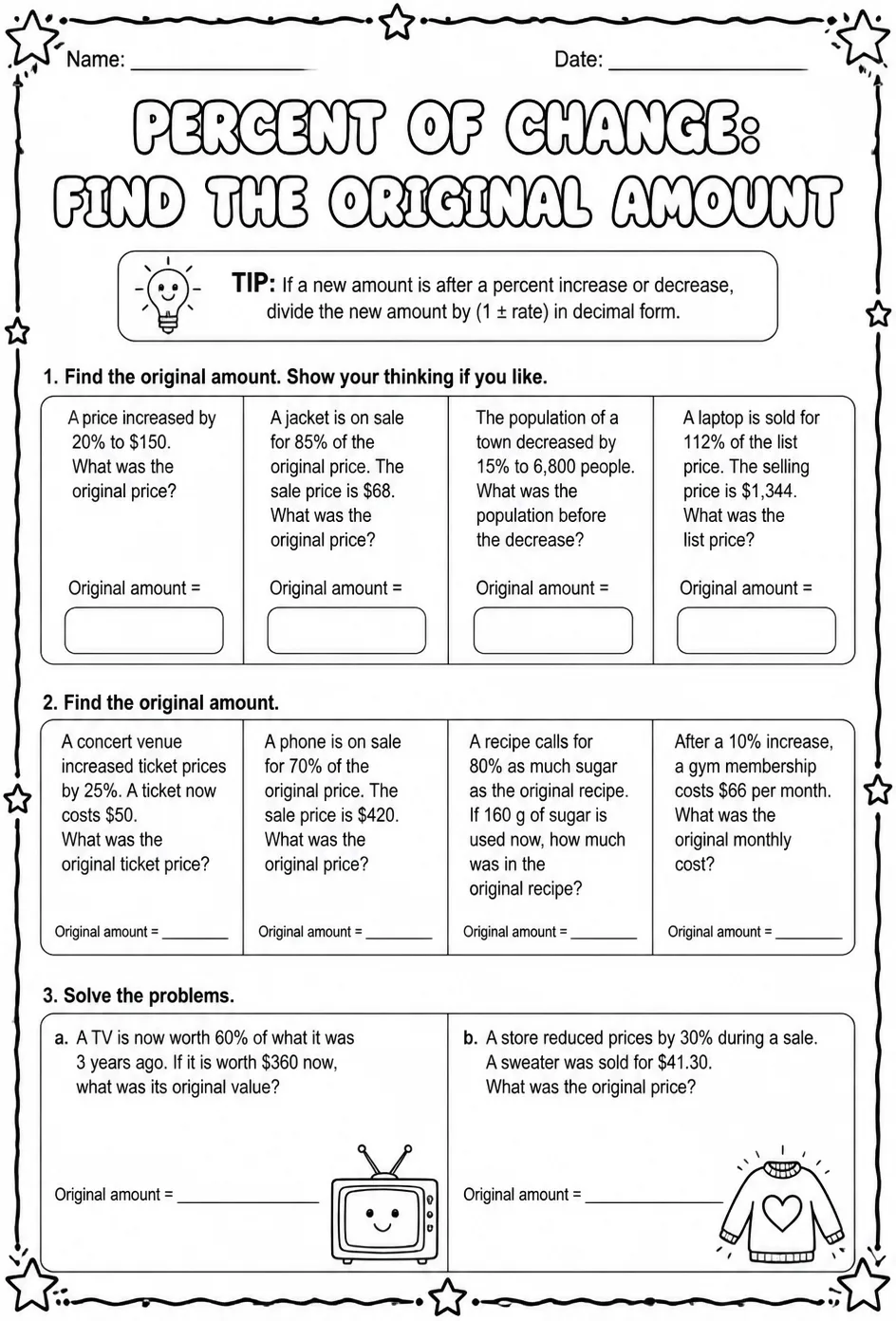 Percent of change: find the original amount word problems — free printable Grade 8 math worksheet