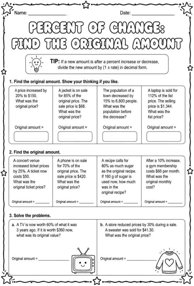 Percent of change: find the original amount word problems